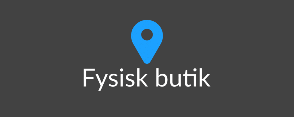 Et blåt lokationsnålsikon over de danske ord "fysisk butik" på en mørkegrå baggrund.