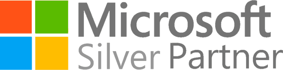 Logo af microsoft sølv partner med en flerfarvet firkant ved siden af teksten "microsoft silver partner" i gråt.