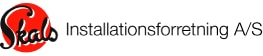 Logo for skals installationsforretning a/s med rød og sort tekst med rød cirkulær baggrund.