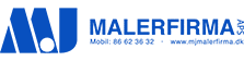 Malerfirmaets logo med et stiliseret blåt 'm' og teksten "malerfirmaet" og "vægmalere" med blå store bogstaver, med en webadresse nedenunder.
