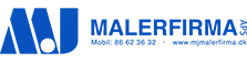Malerfirmaets logo med et stiliseret blåt 'm' og teksten "malerfirmaet" og "vægmalere" med blå store bogstaver, med en webadresse nedenunder.