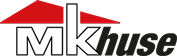 Logo af mkhuse med et stiliseret rødt tag over bogstavet "k" i "mkhuse" med grønne og røde bogstaver.
