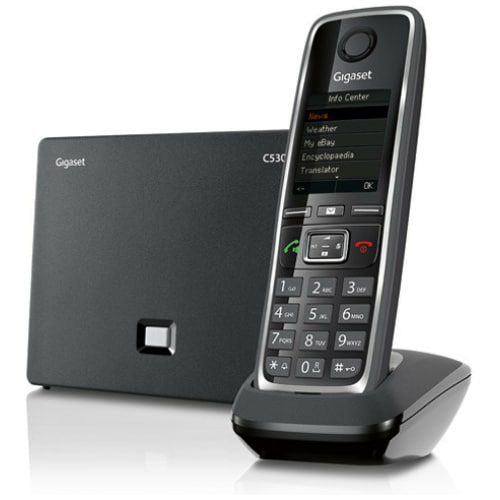 En Siemens C530 Trådløs IP telefon med digital skærm, anbragt i en sort dock mod hvid baggrund.