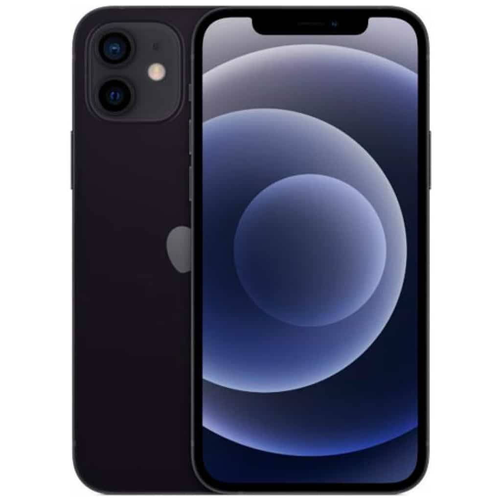 En sort smartphone med dobbelte bagkameraer og en stor frontskærm, der viser et blåt abstrakt tapet.