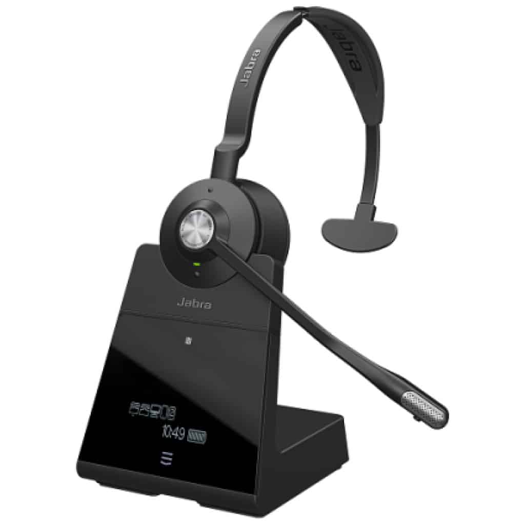 Sort Jabra Engage 75 Mono trådløst headset med mikrofon på en opladningsstander, der viser et modelnummer og kontrolknapper på basen.