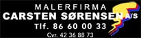 Malerfirma carsten sørensen a/s' logo med farverigt penseldesign, med telefonsystems kontaktnummer og cvr (virksomhedsregistreringsnummer) vist.
