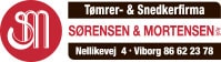 Logo for "Sorensen & Mortensen," med et rødt og hvidt farveskema med telefonsystemdetaljer og kontaktoplysninger.