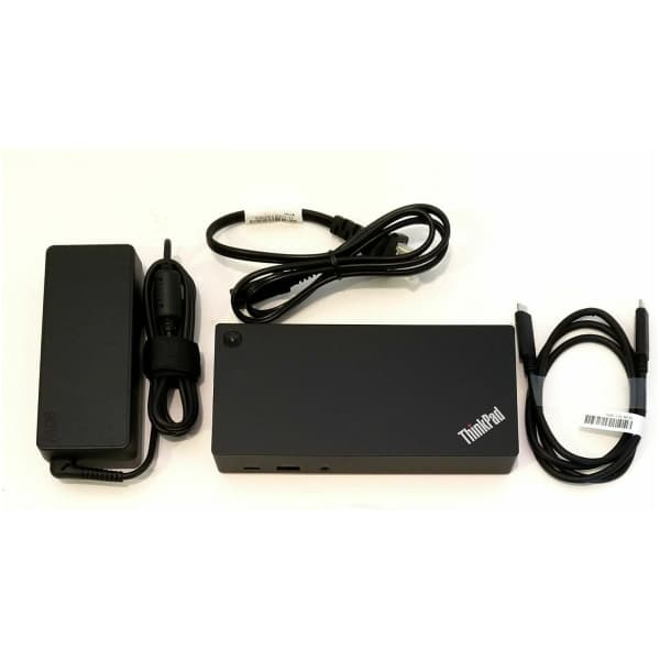 En ekstern harddisk mærket "Lenovo ThinkPad USB-C Dock - 2.Gen" med tilhørende strømadapter og to usb-kabler på hvid baggrund.