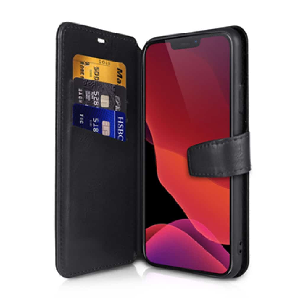 Et Håndlavet Premium beskyttelsescover til iPhone i et pungetui i sort læder med slots med kreditkort og skærmen med farverig grafik.
