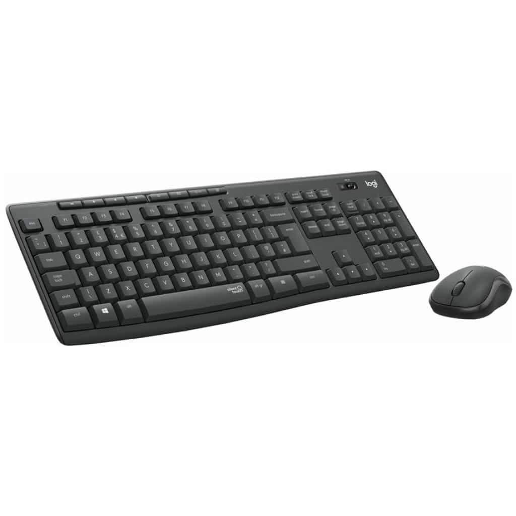 En Logitech "Silent" MK295, Trådløs tastatur m/Mus sæt på hvid baggrund, med et numerisk tastatur og lavprofiltaster.