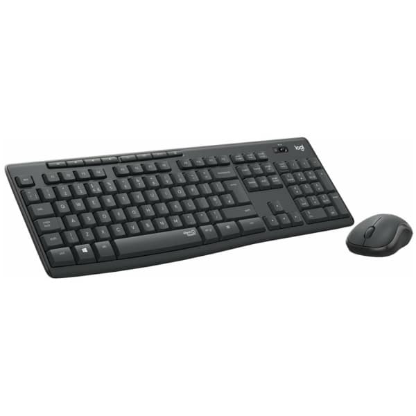 En Logitech "Silent" MK295, Trådløs tastatur m/Mus sæt på hvid baggrund, med et numerisk tastatur og lavprofiltaster.