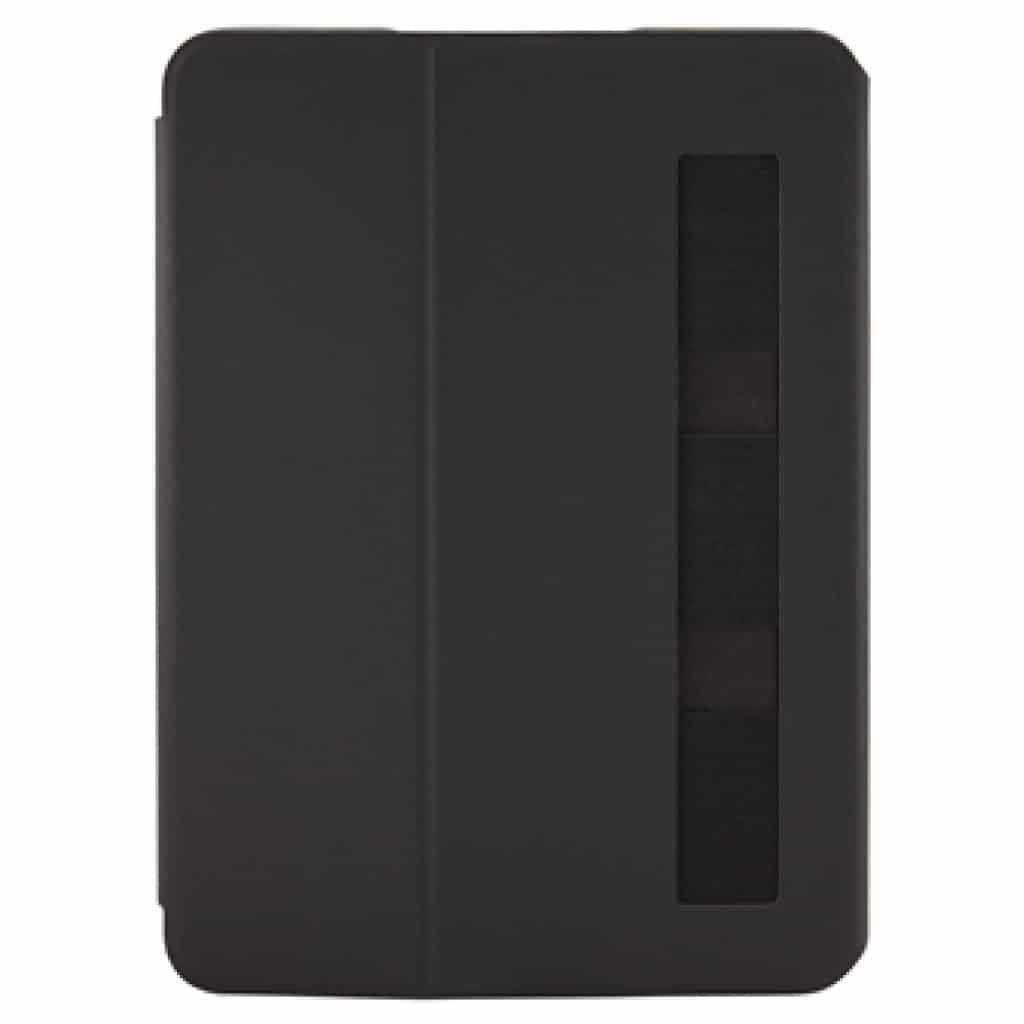 Et sort Case Logic Snapview etui med et lukket frontcover og et elastikbånd på siden til iPad Air 10.9" eller iPad Pro 11".