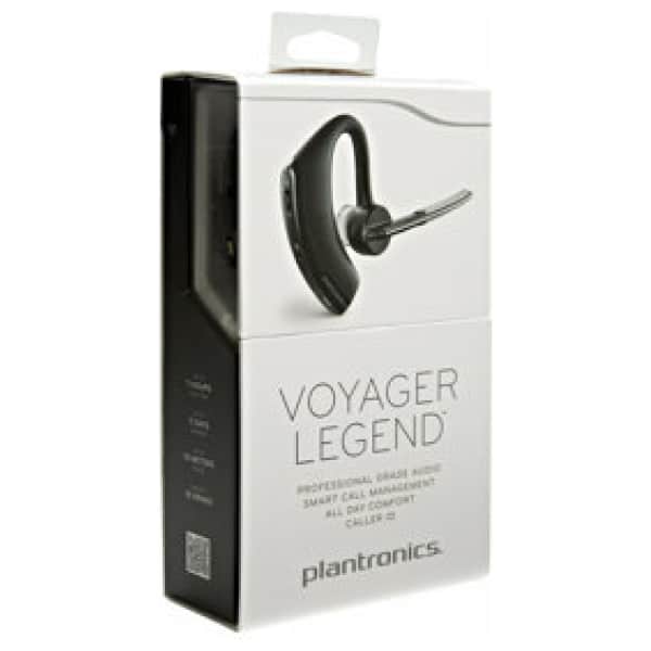 Indpakning af et Plantronics Voyager Legend Bluetooth-headset, vist på en hvid baggrund.