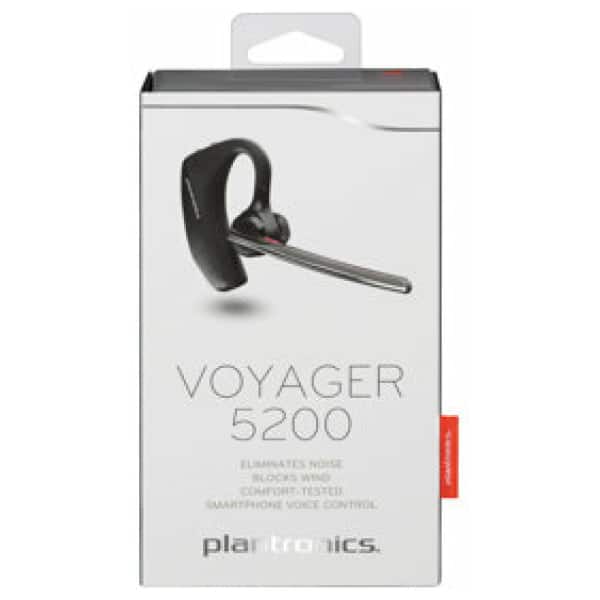 Plantronics, Voyager 5200, Sort bluetooth headset i emballage, fremtrædende vist mod en hvid baggrund.