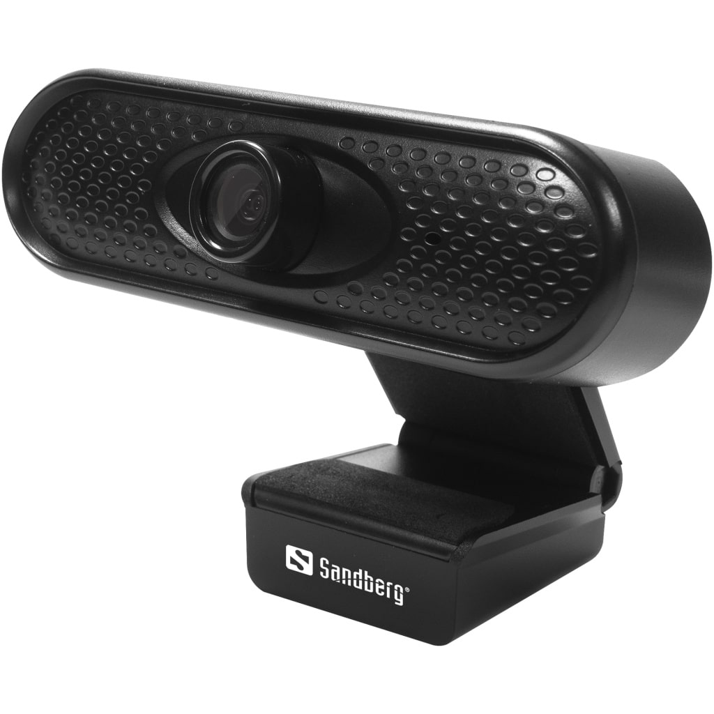Sandberg USB Webcam, 1080P FullHD med et prikket højttalerdesign, monteret på et clipstativ, isoleret på en hvid baggrund.
