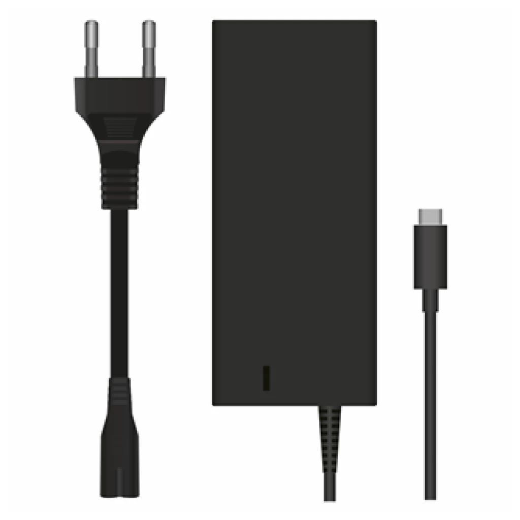 Sort Sinox bærbar strømadapter med et to-benet stik og et USB-C stikkabel.