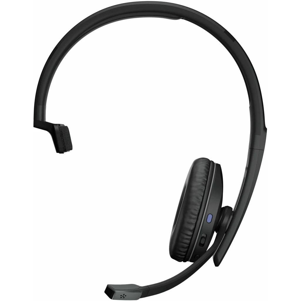 EOPS | Sennheiser Adapt 230 - Enkeltsidet sort trådløst headset med mikrofon og kontrolknapper på højre ørestykke.
