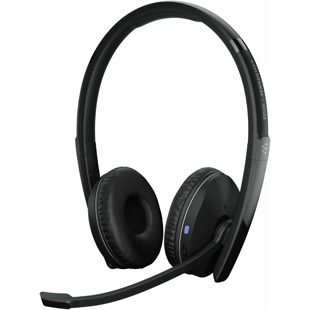 EOPS | Sennheiser Adapt 260 trådløse hovedtelefoner med justerbar mikrofon og blåt indikatorlys, isoleret på en hvid baggrund.