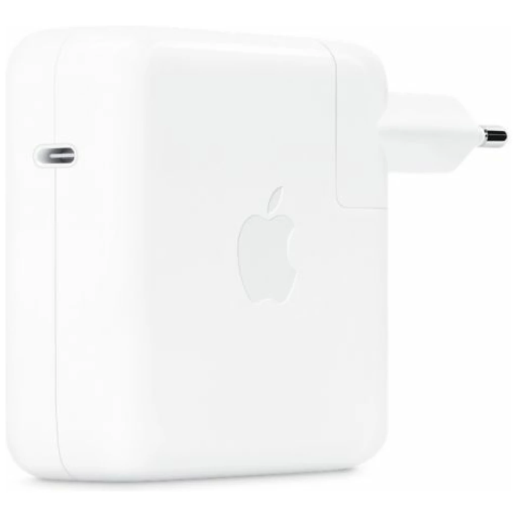 Hvid Apple-strømadapter, USB-C, 67W isoleret på en hvid baggrund.