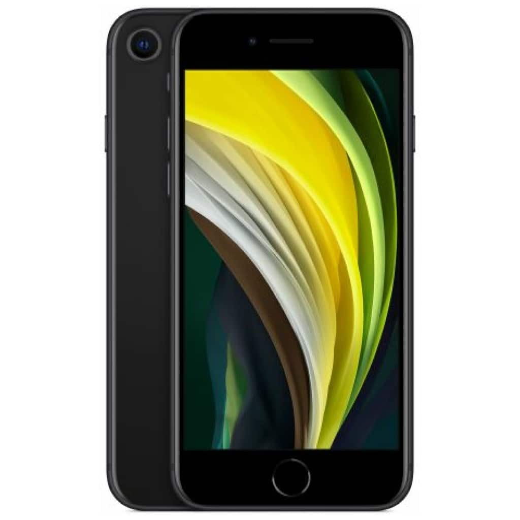 Sort smartphone med et farverigt abstrakt tapet vist på skærmen, centreret på en hvid baggrund.