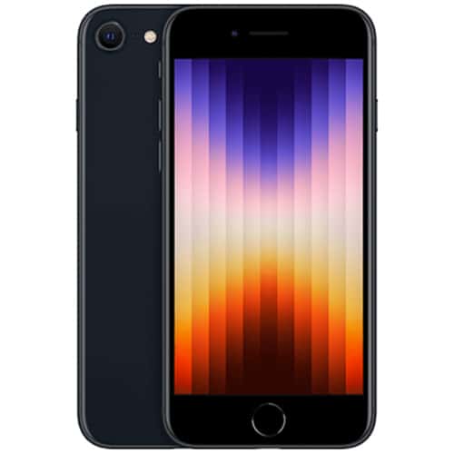 En sort smartphone, der viser et farverigt gradient-tapet på skærmen, lige fra lilla øverst til orange nederst.