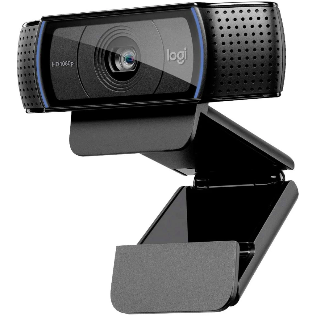 Sort Logitech C920 Pro HD webcam med indbygget mikrofon, monteret på et justerbart stativ.