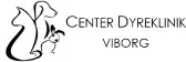 Logo for Center Dyreklinik Viborg, med en stiliseret illustration af en kat og en hund med klinikkens navn i en elegant skrifttype, der fremhæver dets integrerede telefonsystem.