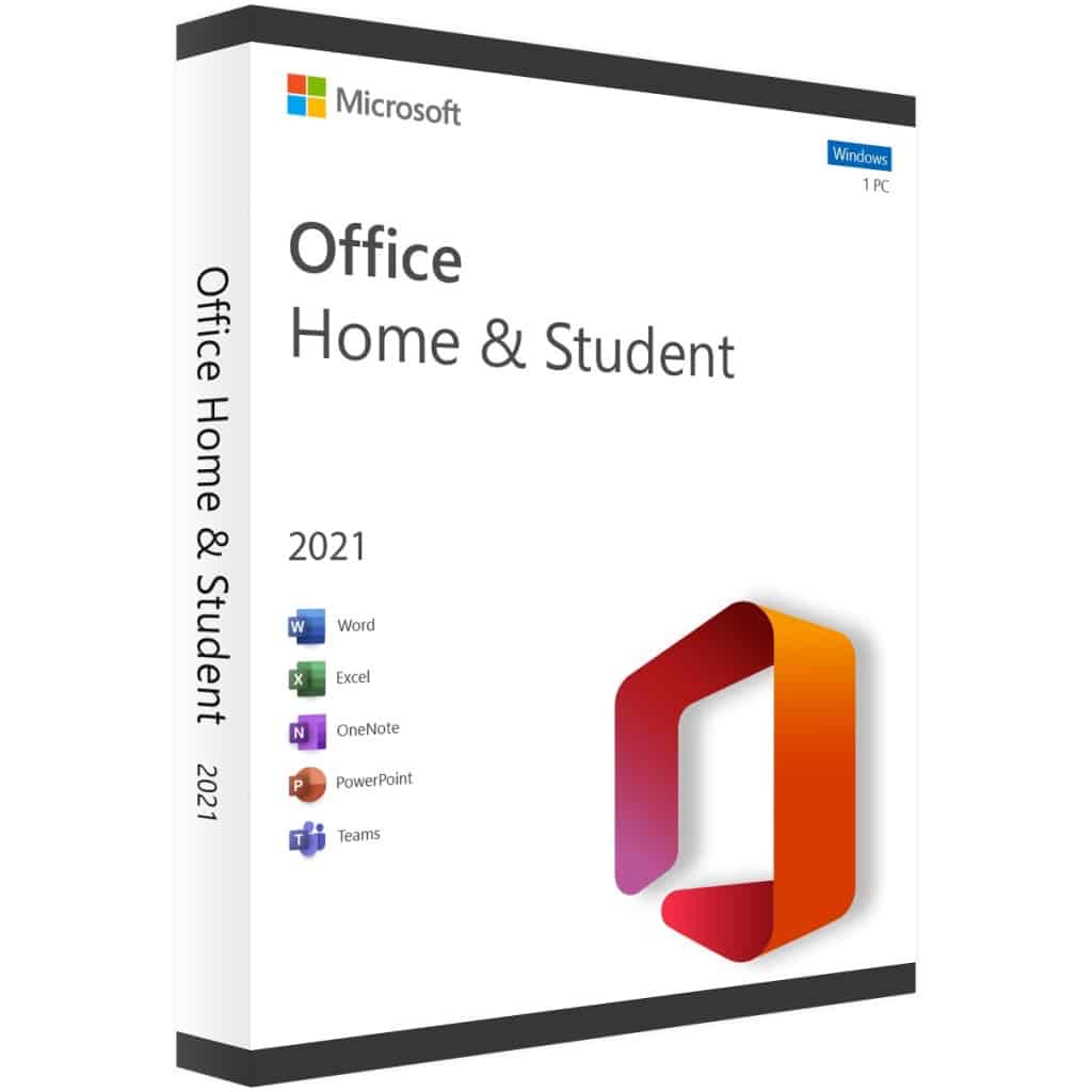 Æske med Microsoft Office 2021 Home & Student-software med logoer af Excel, OneNote, PowerPoint og Word på forsiden.