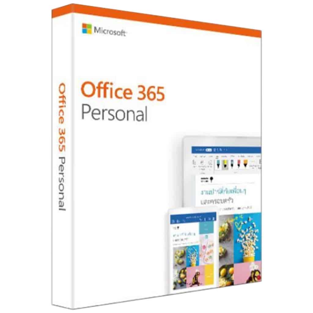 En Microsoft Office 365 Personal - 3 års licens - Kun Privat - Kan installeres til 1 Person softwarepakkeboks, med logoer og skærmbilleder af grænsefladen på designet.
