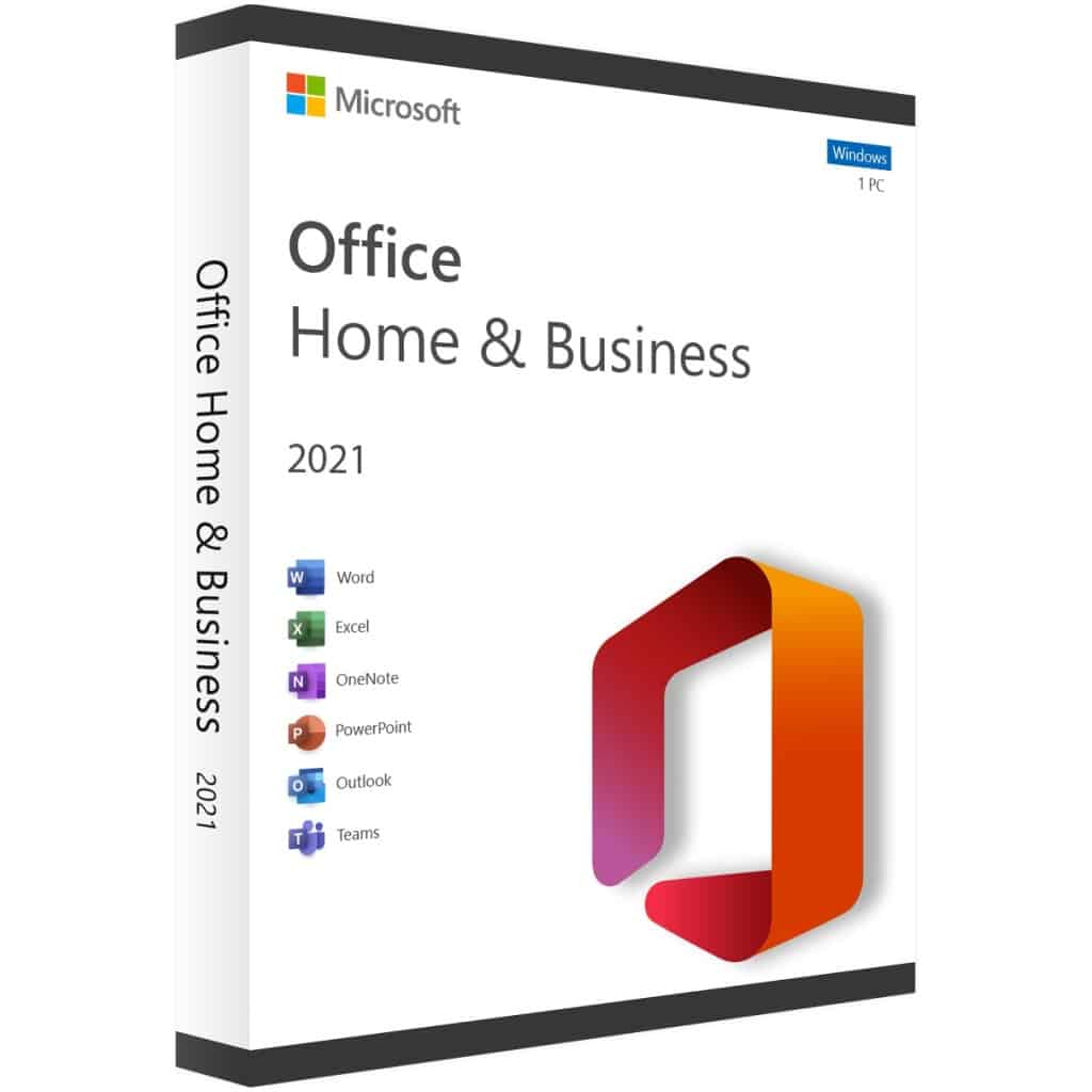 Æske med Microsoft Office 2021 Home & Business-software med ikoner til Word, Excel, OneNote, PowerPoint og Outlook.
