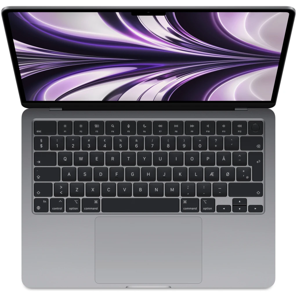 Set ovenfra af en Apple MacBook Air (2022), der viser et levende, abstrakt lilla tapet på skærmen og et sort tastatur med pegefelt.