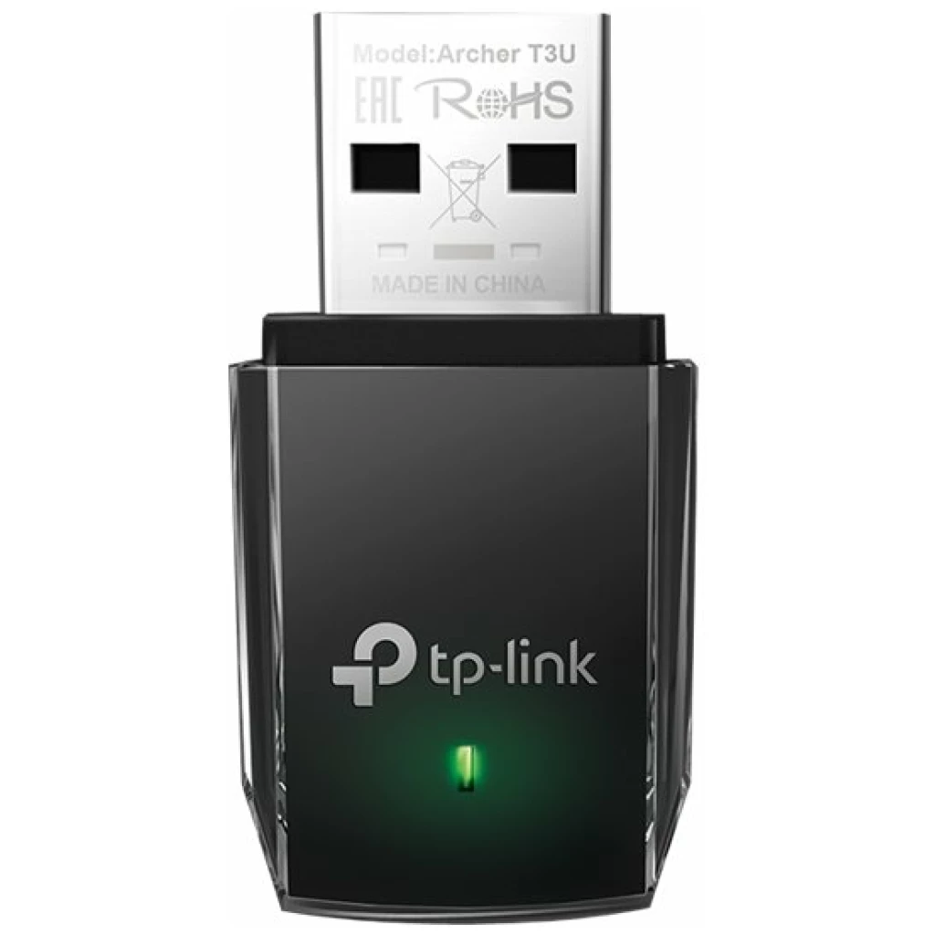 TP-Link Archer T3U, USB 3.0, 1,2Gbps, Trådløs trådløs netværksadapter med tp-link logo og et grønt indikatorlys, der viser modelnummer archer t3u.