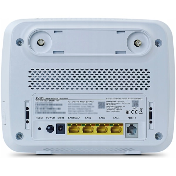 Set bagfra af en Zyxel LTE3316-M604, 4G-router, der viser forskellige porte såsom LAN, WAN og telefon, og en nulstillingsknap, isoleret på en hvid baggrund.
