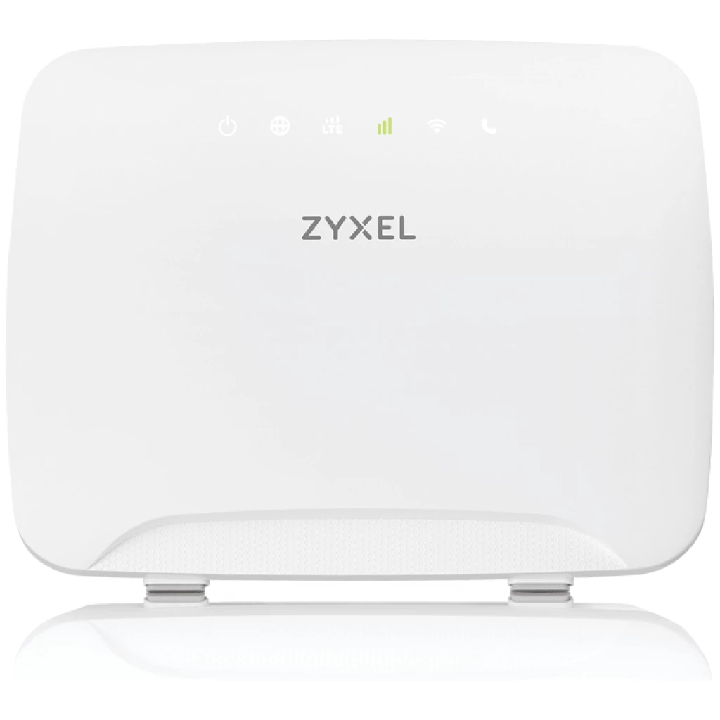 Hvid Zyxel LTE3316-M604, 4G-router med indikatorlys tændt, isoleret på en hvid baggrund.