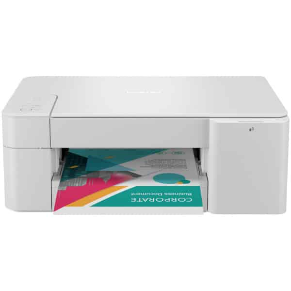 Brother DCP-J1200W Alt-i-en printer med udskrevne dokumenter i outputbakke, isoleret på en hvid baggrund.
