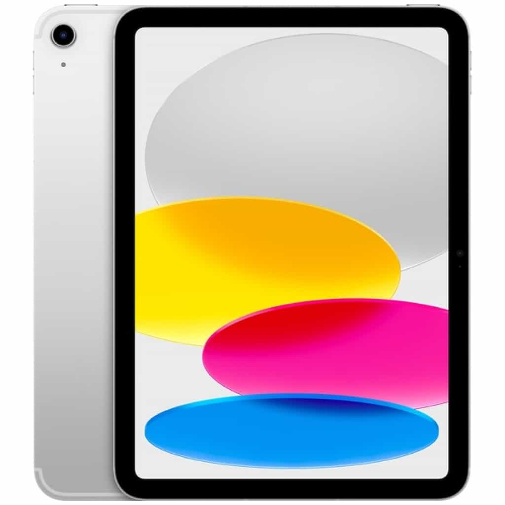 En moderne tablet med et farverigt abstrakt tapet vist på skærmen, med overlappende cirkler i gul, blå og pink, med et synligt bagkamera på den sølvfarvede ramme.