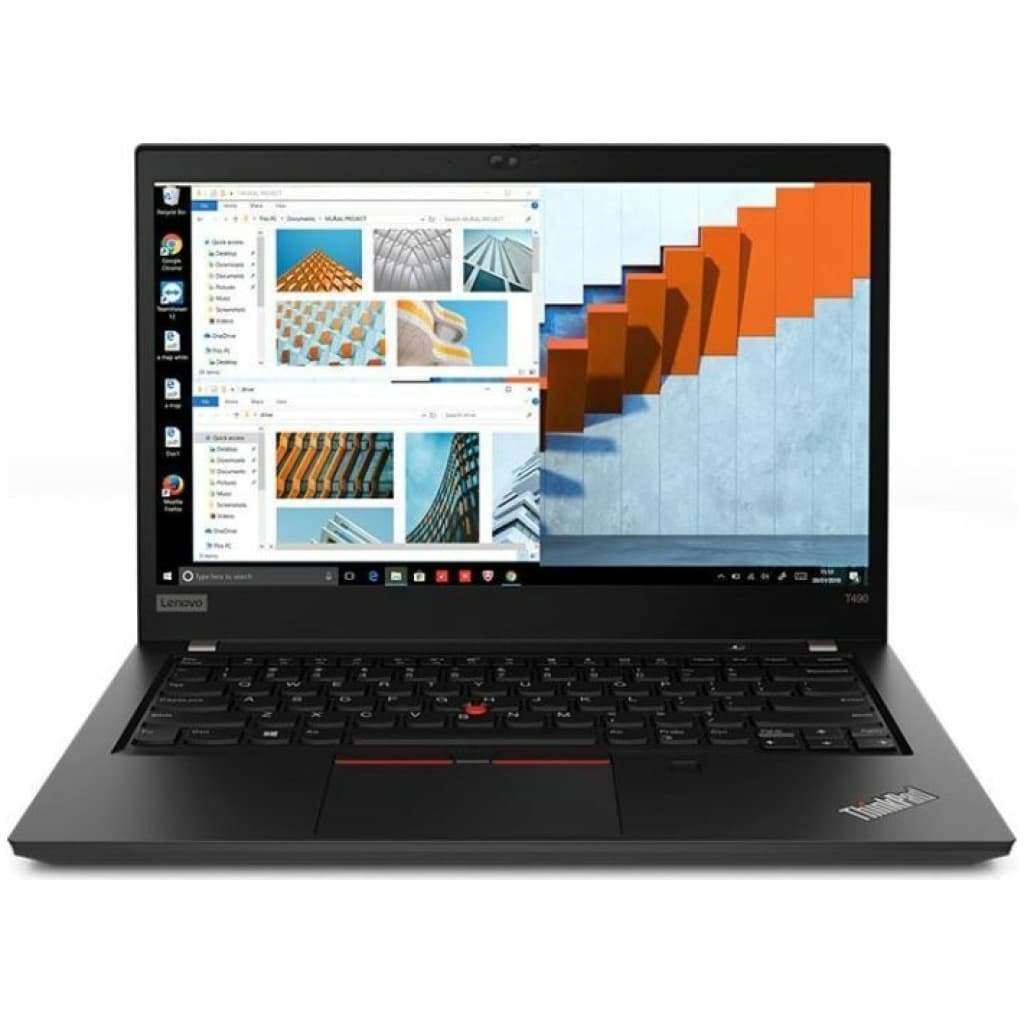 En lenovo Thinkpad-laptop, der viser flere arkitektoniske designs på sin skærm, med et sort tastatur og røde detaljer.
