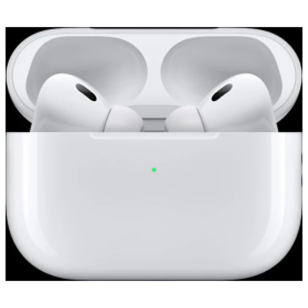 Apple AirPods Pro - 2. generations trådløse øretelefoner i åbent opladningsetui med grønt statuslys på hvid baggrund.
