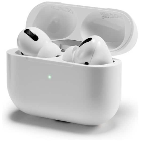 Apple AirPods Pro - 2. generations trådløse øretelefoner i åbent opladningsetui med synligt grønt lys, sat mod en almindelig hvid baggrund.