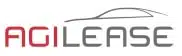Logo af agilease med stiliseret rød og grå tekst med en abstrakt grå bilkontur over teksten.