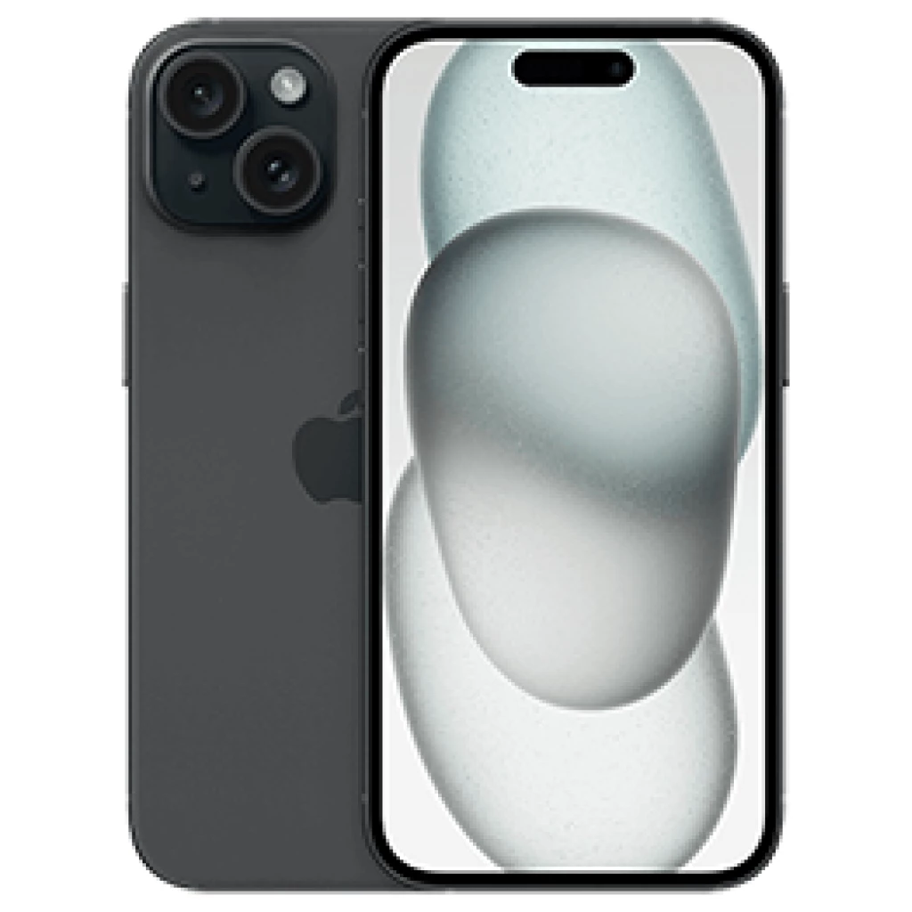 Apple iPhone 15, 128GB - Sorter med dobbelte kameraer på bagsiden og et hvidt tapet med abstrakte grønne former på skærmen.