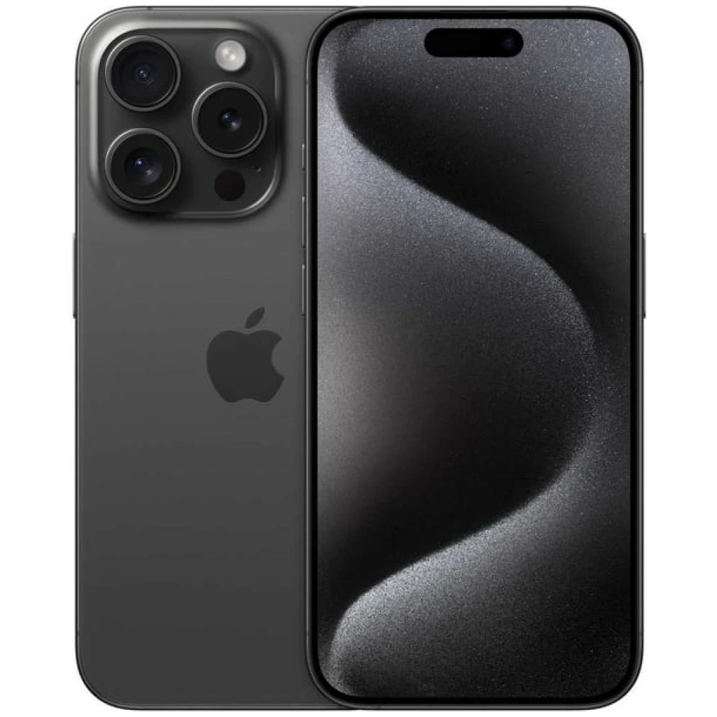 En Sort Titanium Apple iPhone 15 Pro med et tredobbelt kamerasystem på bagsiden og et sort tapet på skærmen.