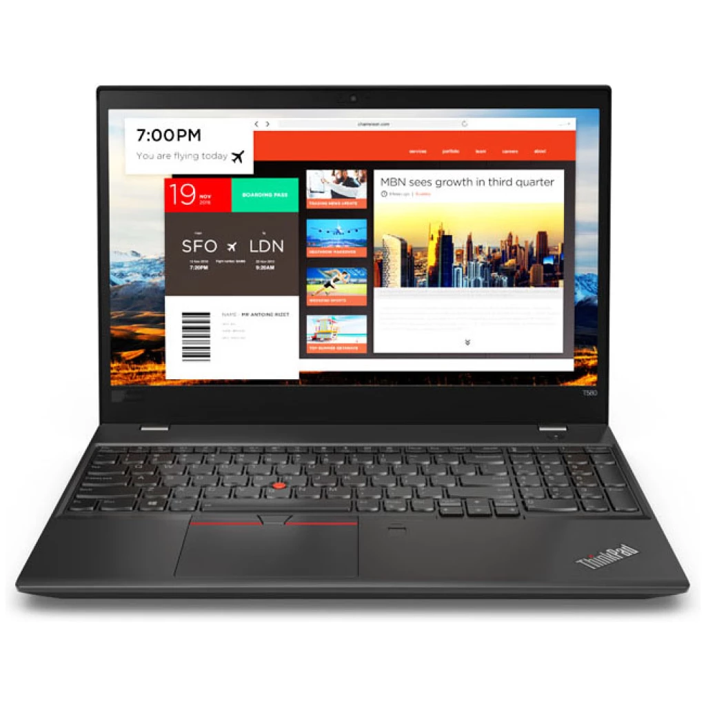 En Lenovo Thinkpad T580, i5, 8GB, 256GB SSD bærbar, åben og viser et farverigt rejsebookingswebsted med fly- og hoteloplysninger.