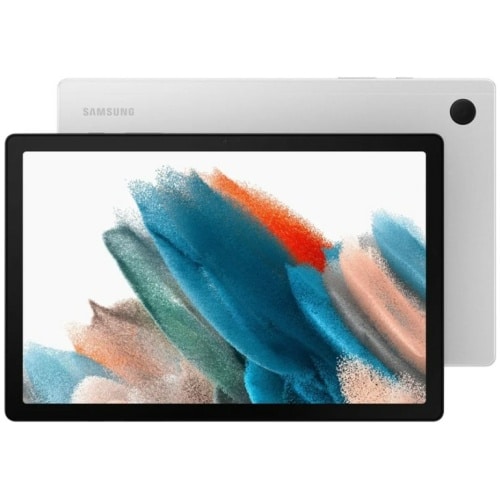 Set forfra og bagfra af en Samsung Galaxy Tab A8, der viser farverig abstrakt kunst på skærmen.