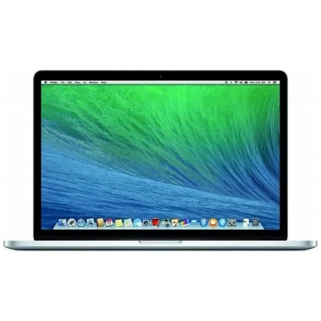 Set forfra af en Apple MacBook Pro, 13,3", 2014, 8GB, 256GB med et tapet med et grønt bølgemønster på skærmen.