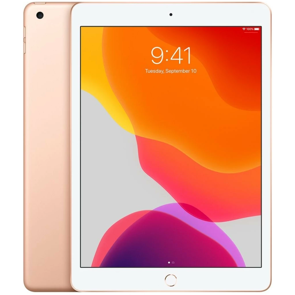 Apple iPad 8.gen 128GB WiFi - Rose guld viser et farverigt tapet med klokken 9:41 og datoen tirsdag den 10. september.