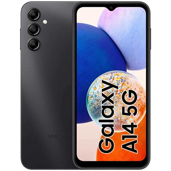 Sort samsung galaxy a14 5g smartphone, der viser farverigt tapet på skærmen, med tredobbelte bagkameraer.