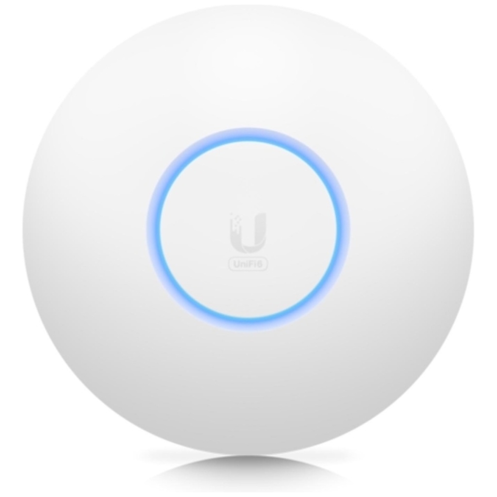 Ubiquiti Unifi U6+ Access Point med en lysende blå ring og et "u"-logo i midten, isoleret på en hvid baggrund.