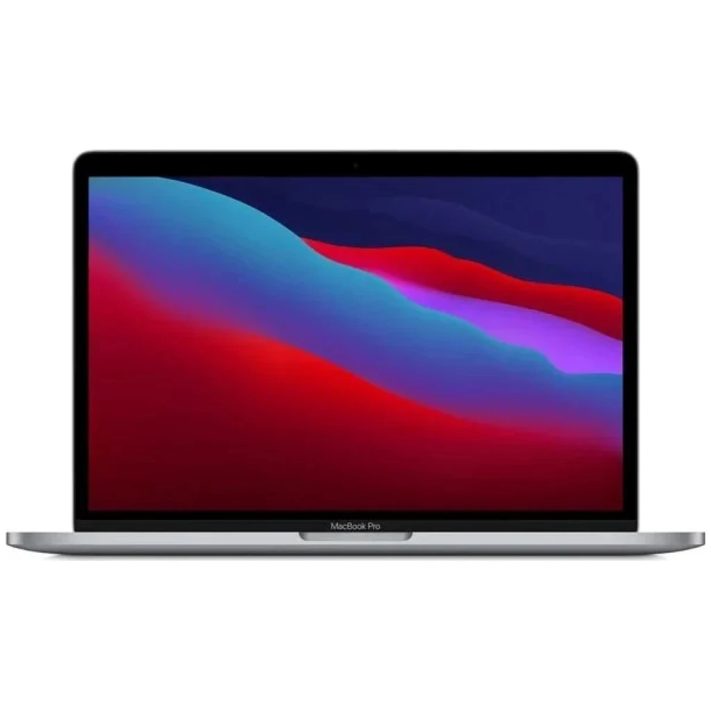 En Apple MacBook Pro m/Touchbar med et farverigt abstrakt tapet vist på skærmen, der fremhæver nuancer af blå og rød, sat mod en hvid baggrund.