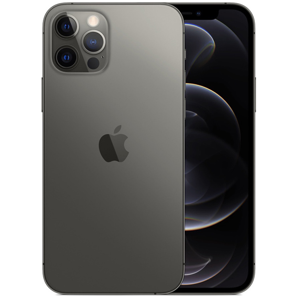 Apple iPhone 12 Pro, 256GB - Grafitgrå viser sit bagerste kamera med tre linser og frontdisplay.